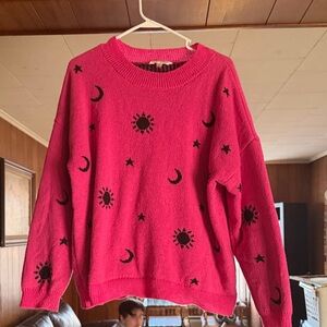 No Boundaries Hot Pink Crewneck Sweater with Black Celestial Motifs